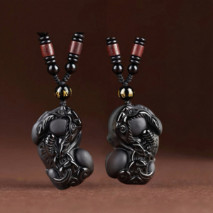 Shared Fortune Guardians : Matching Natural Obsidian Pixiu Pendant Couples Set