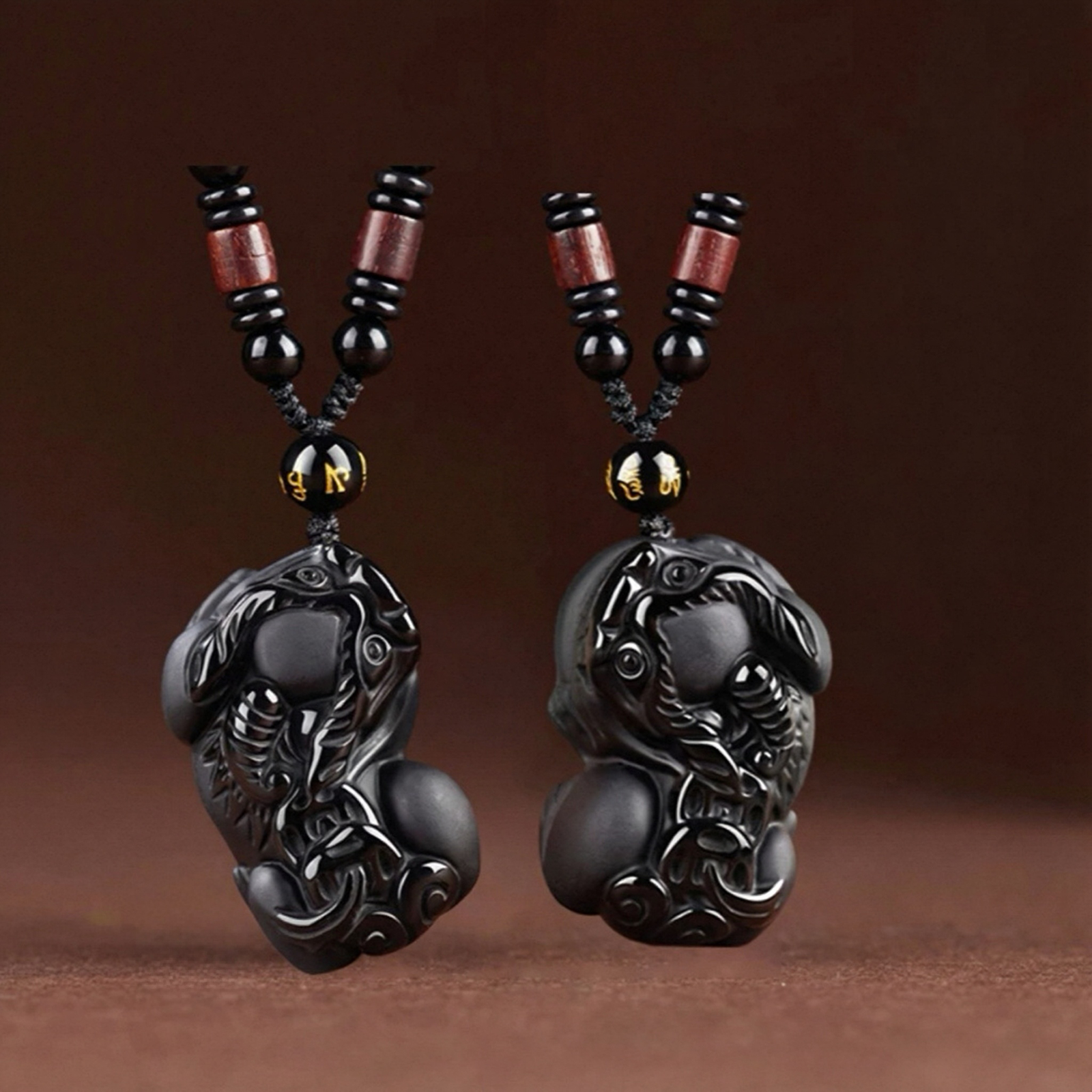Shared Fortune Guardians : Matching Natural Obsidian Pixiu Pendant Couples Set - Couple's Obsidian Pixiu Pendant Set