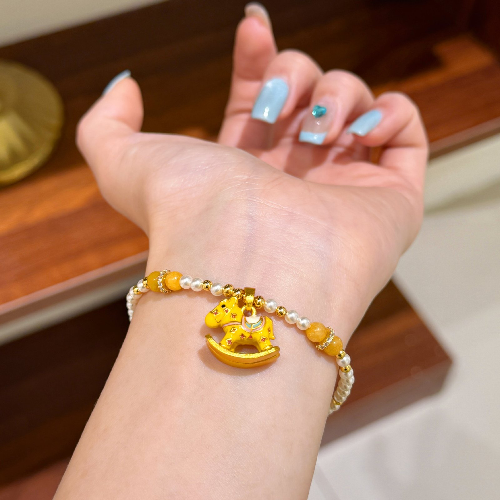 Yellow Enamel Rocking Horse & Swarovski Pearl Necklace - Bracelet