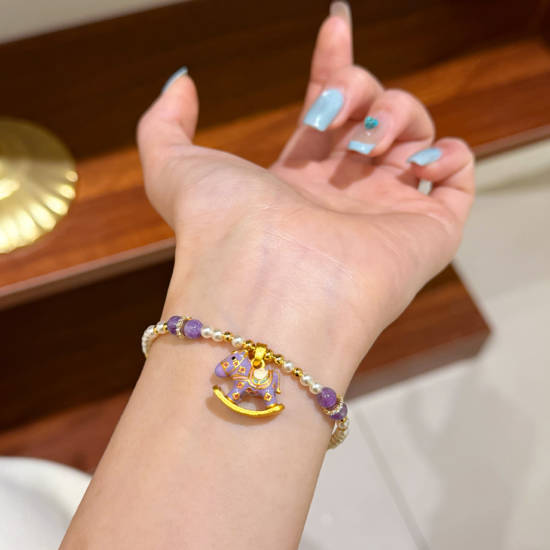 Purple Enamel Rocking Horse & Swarovski Pearl Necklace - Bracelet