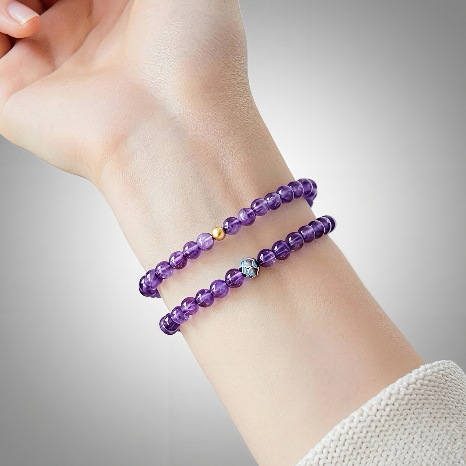 The Calm Bloom: Double Strand Natural Amethyst & Enamel Lotus Bracelet - 4mm