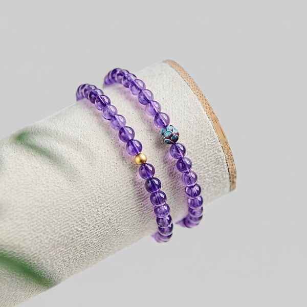 The Calm Bloom: Double Strand Natural Amethyst & Enamel Lotus Bracelet