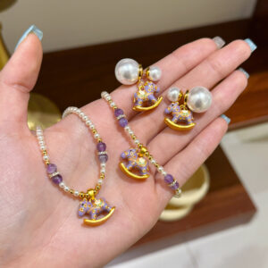 Purple Enamel Rocking Horse & Swarovski Pearl Necklace