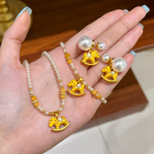 Yellow Enamel Rocking Horse & Swarovski Pearl Necklace