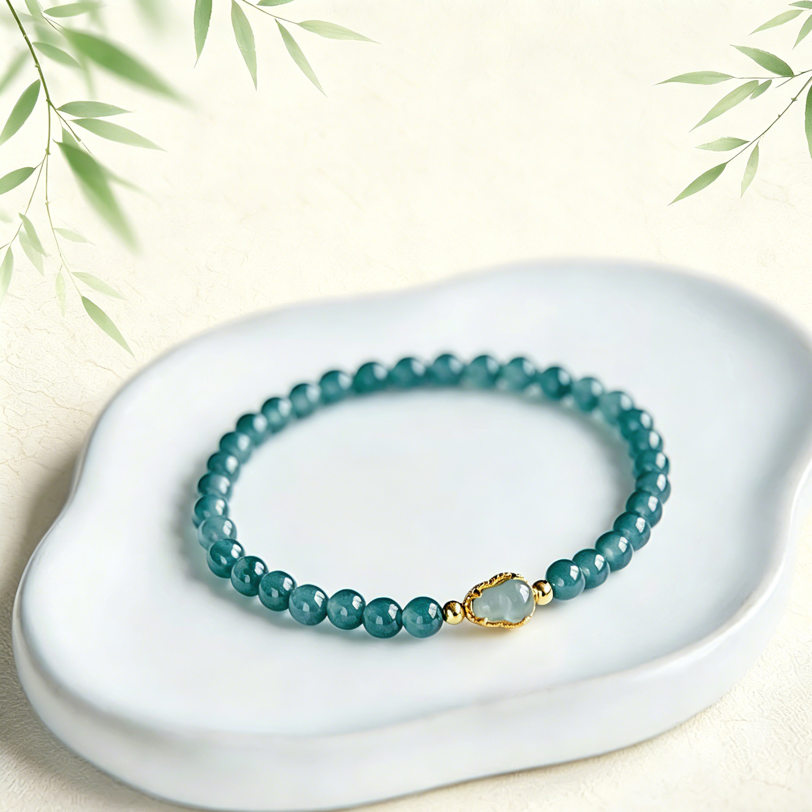 The Fortune Gourd: Blue Water Jade Beaded Bracelet Lucky Gourd Charm