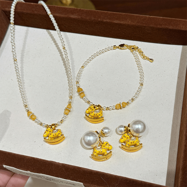 Yellow Enamel Rocking Horse & Swarovski Pearl Necklace
