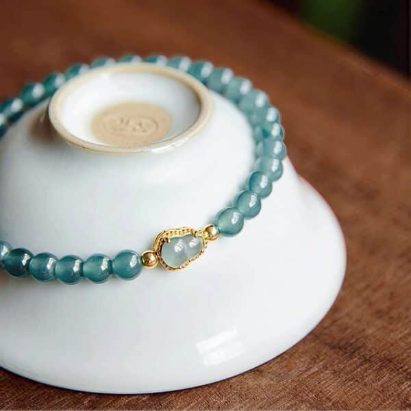 The Fortune Gourd: Blue Water Jade Beaded Bracelet Lucky Gourd Charm