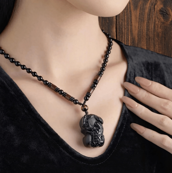 Shared Fortune Guardians : Matching Natural Obsidian Pixiu Pendant Couples Set
