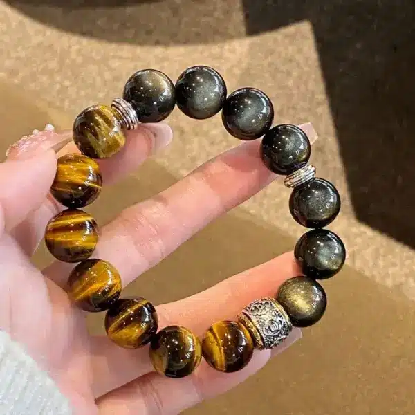 sku-1-银曜石黄虎眼手串 Guardian Glow: Natural Tiger's Eye Bracelet
