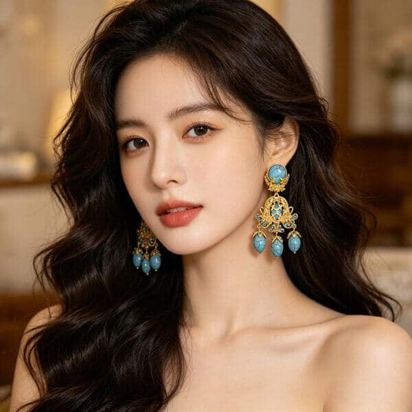 主图-1 Imperial Grace: Vintage Chinese Turquoise Chandelier Earrings