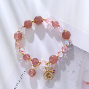 Natural Strawberry Quartz Lucky Fortune Pouch Bracelet