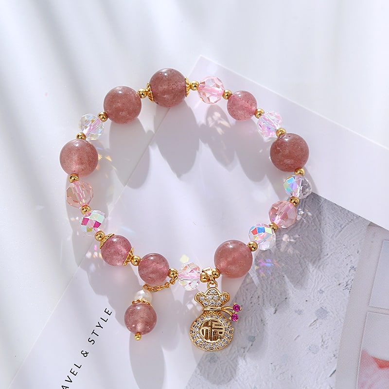 Natural Strawberry Quartz Lucky Fortune Pouch Bracelet