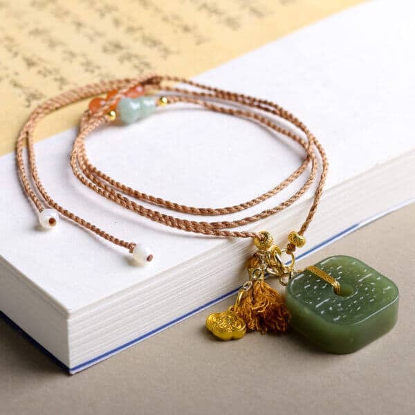 The Peace Guardian: Natural Hetian Jade Square Peace Buckle Necklace