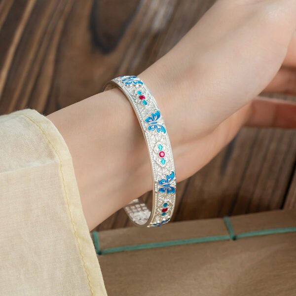 主图-3 The Serenity Flutter: 999 Sterling Silver Enamel Butterfly Heart Sutra Cuff Bracelet