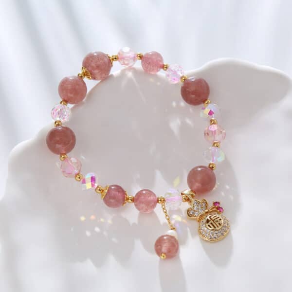 Natural Strawberry Quartz Lucky Fortune Pouch Bracelet