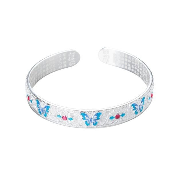 主图-5 The Serenity Flutter: 999 Sterling Silver Enamel Butterfly Heart Sutra Cuff Bracelet