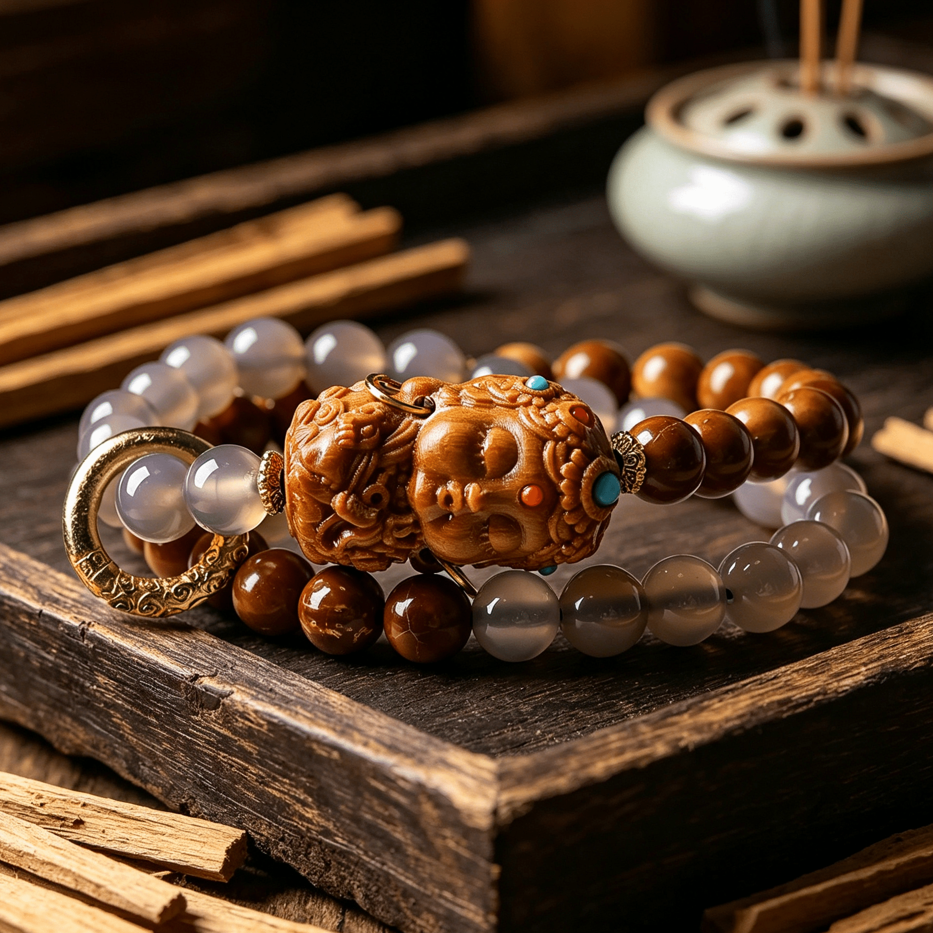 The Grounding Keeper: Smoky Agate & Kuka Nut Double Wrap Bracelet
