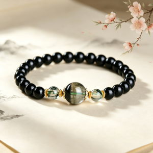 Natural Obsidian & Green Phantom Quartz Bracelet