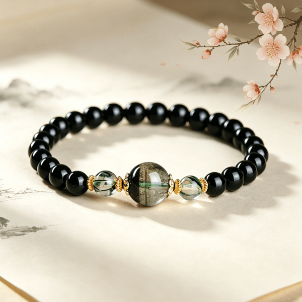 Natural Obsidian & Green Phantom Quartz Bracelet