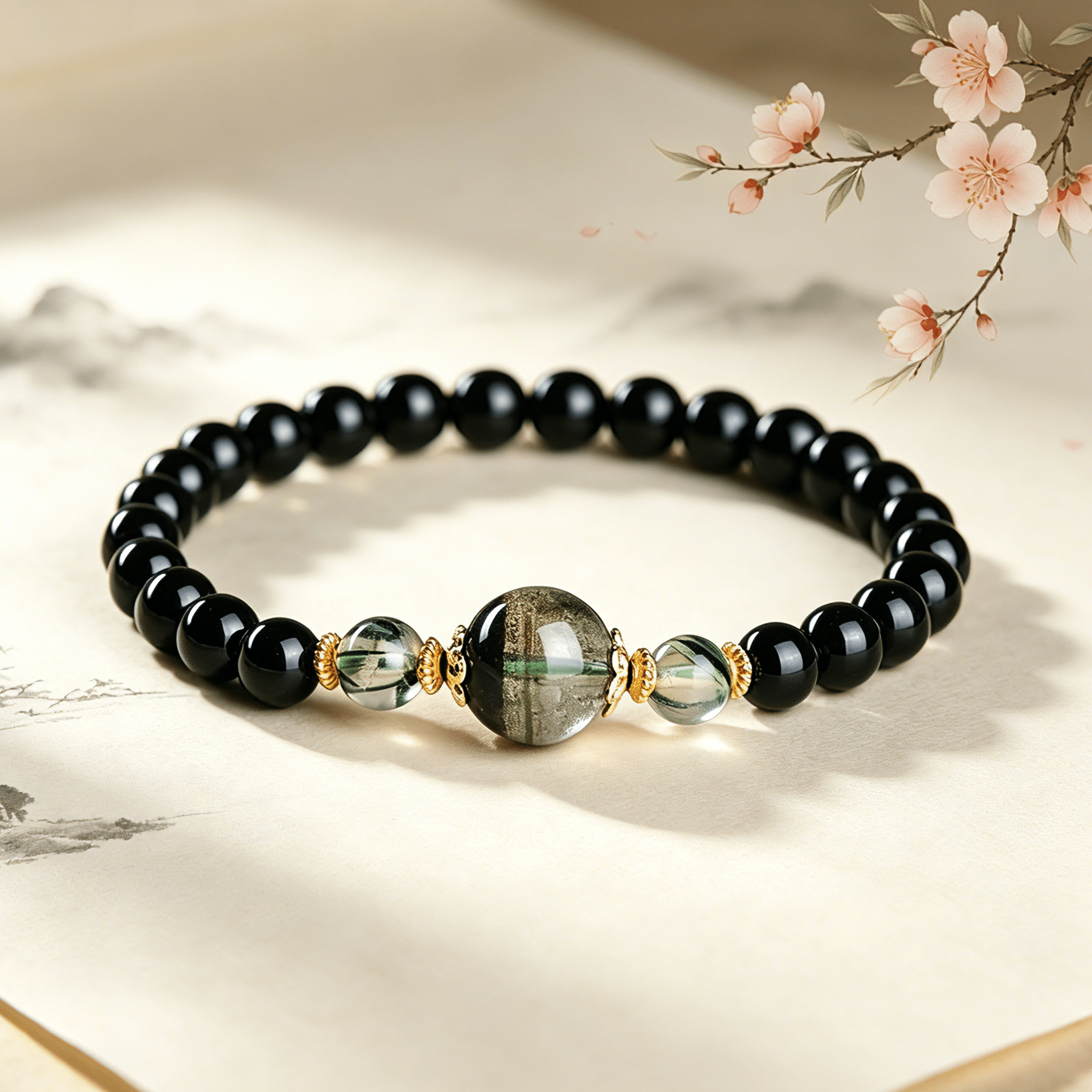 Natural Obsidian & Green Phantom Quartz Bracelet - 6mm
