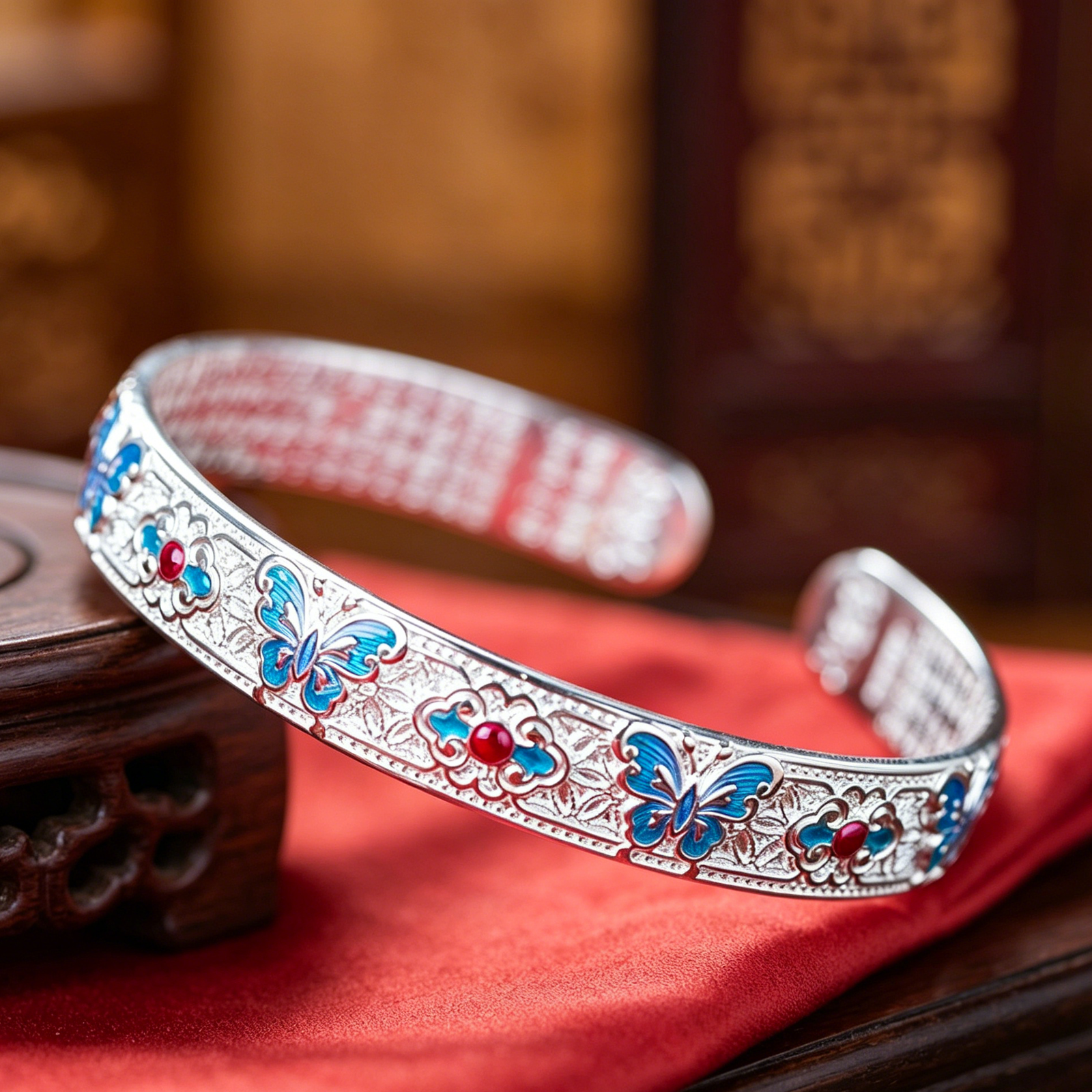The Serenity Flutter: 999 Sterling Silver Enamel Butterfly Heart Sutra Cuff Bracelet