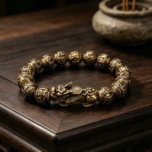 The Fortune Guardian: Vintage Brass PiXiu & Six True Words Mantra Beaded Bracelet