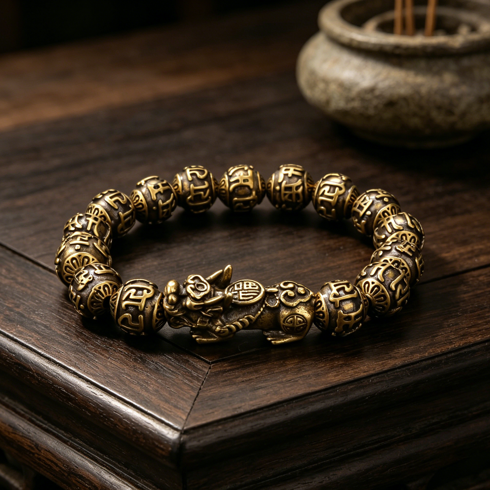 The Fortune Guardian: Vintage Brass PiXiu & Six True Words Mantra Beaded Bracelet