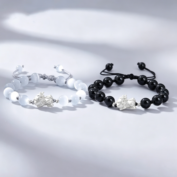 主图1 S999 Sterling Silver PiXiu Obsidian & Cat's Eye Couple Bracelet