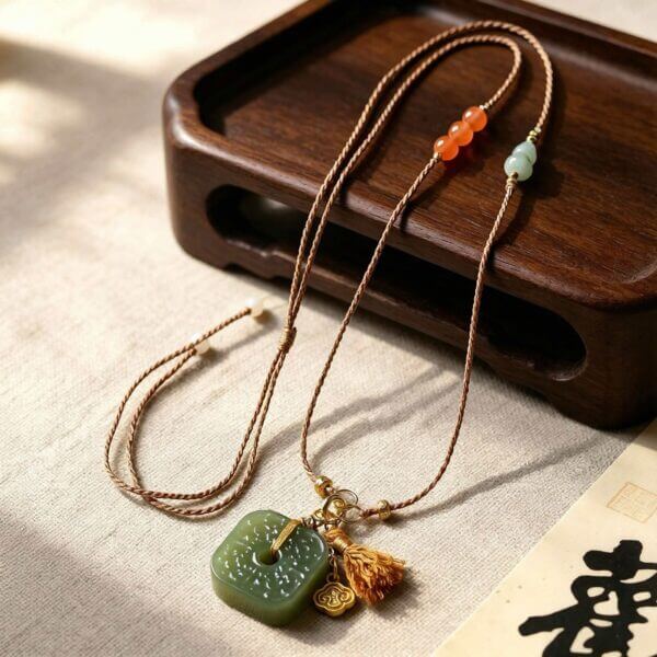 The Peace Guardian: Natural Hetian Jade Square Peace Buckle Necklace