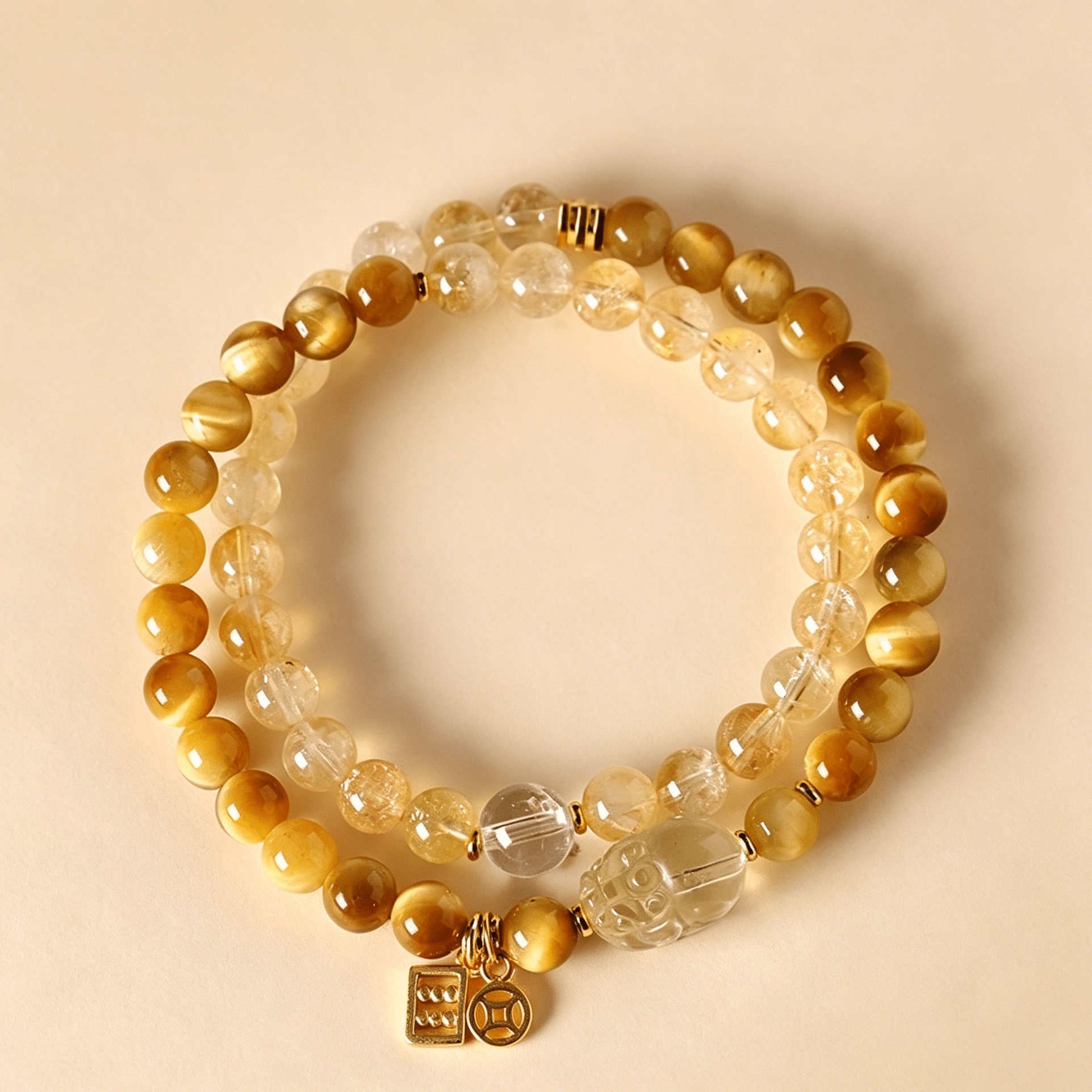 Double Wrap Yellow Tiger's Eye & Citrine Pixiu Bracelet - 6mm