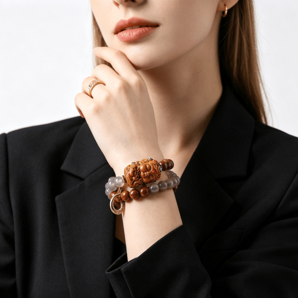 主图2-1 The Grounding Keeper: Smoky Agate & Kuka Nut Double Wrap Bracelet