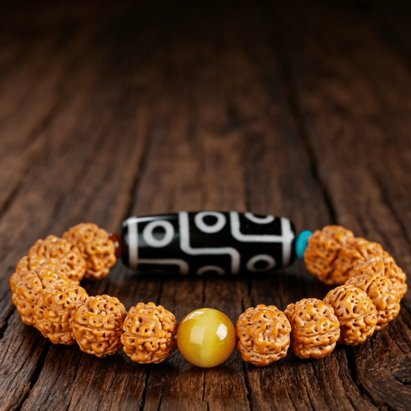 Nine-Eyed Dzi Bead & Vajra Bodhi Wrist Mala for Meditation