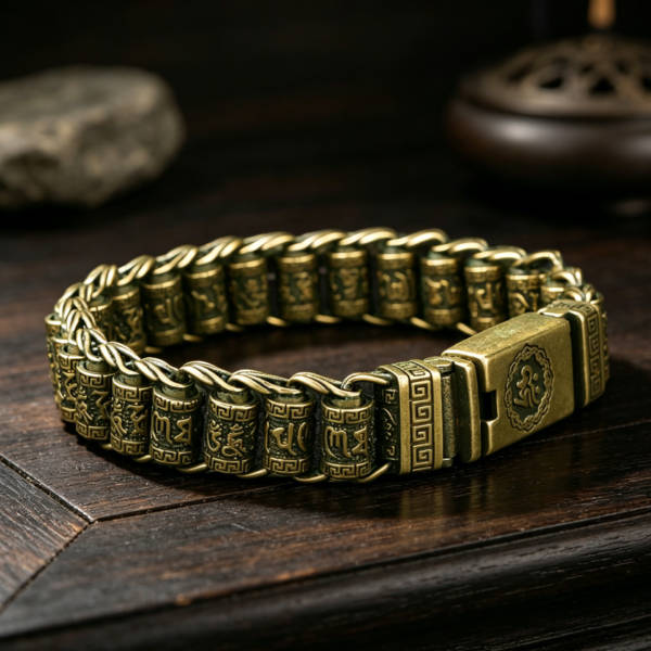 The Mantra Keeper: Antique Brass Tibetan Om Mani Padme Hum Bracelet