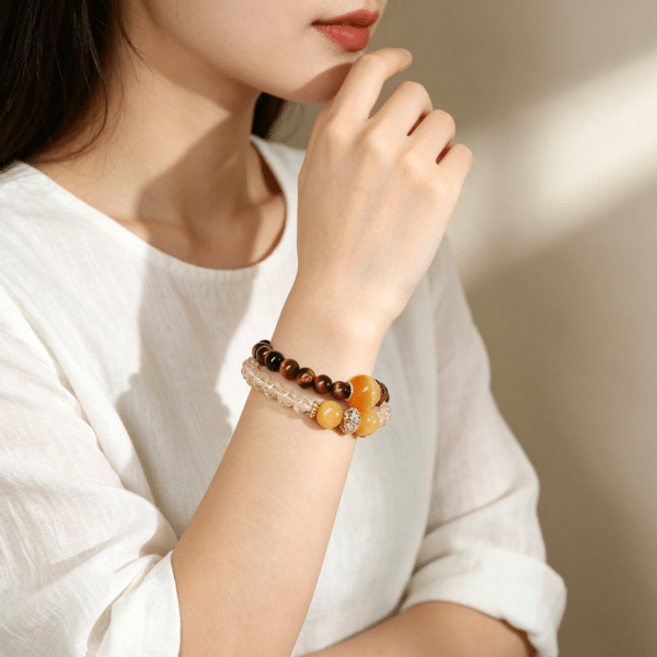 主图3-1 The Prosperity Path: Golden Azeztulite & Tiger's Eye Double Wrap Bracelet