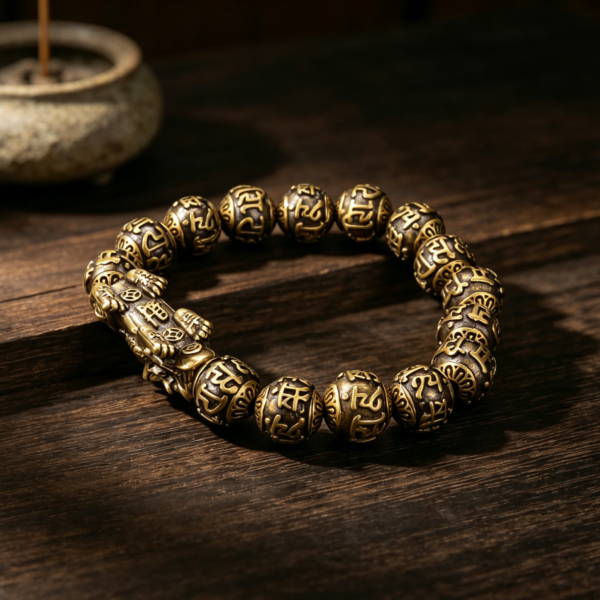 The Fortune Guardian: Vintage Brass PiXiu & Six True Words Mantra Beaded Bracelet