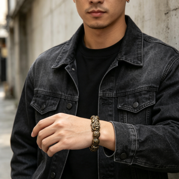 The Fortune Guardian: Vintage Brass PiXiu & Six True Words Mantra Beaded Bracelet