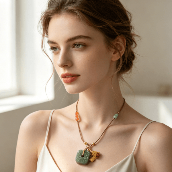 The Peace Guardian: Natural Hetian Jade Square Peace Buckle Necklace