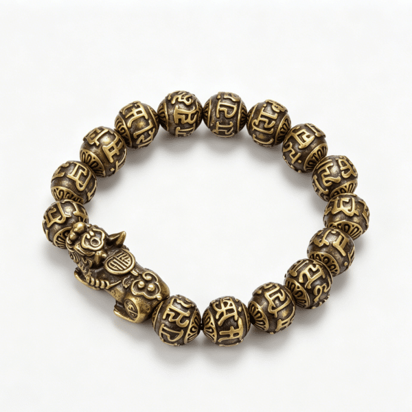 The Fortune Guardian: Vintage Brass PiXiu & Six True Words Mantra Beaded Bracelet
