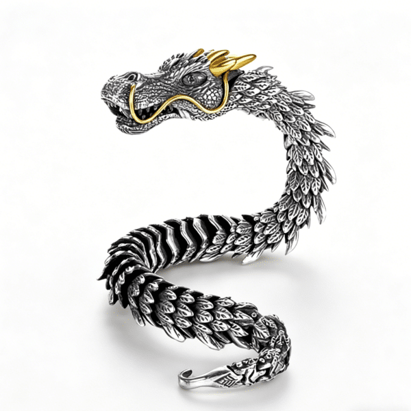 生成去文字提示词 The Dominance Dragon: S925 Sterling Silver Vintage Bold Men's Dragon Bracelet
