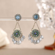 Bohemian Oriental Fan Crystal Tassel Dangle Earrings - blue