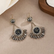 Bohemian Oriental Fan Crystal Tassel Dangle Earrings - black