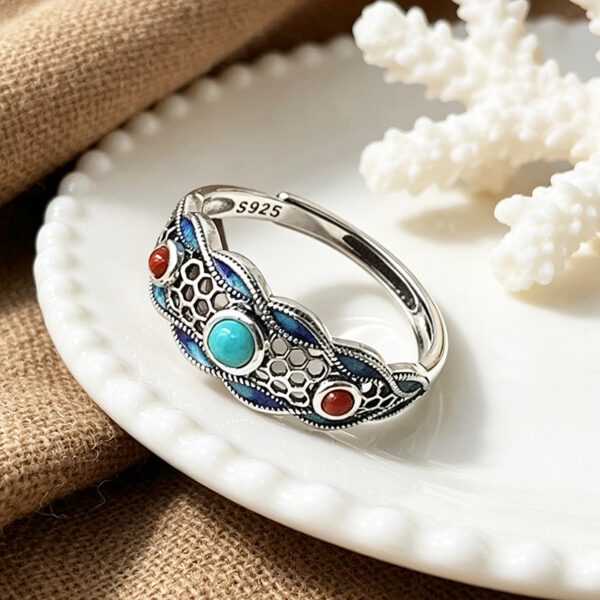 The Azure Fortune: S925 Silver Turquoise Nanhong Agate Ring