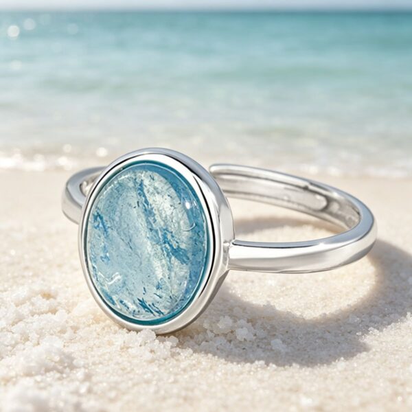 The Calm Tide: Natural Aquamarine S925 Sterling Silver Adjustable Ring