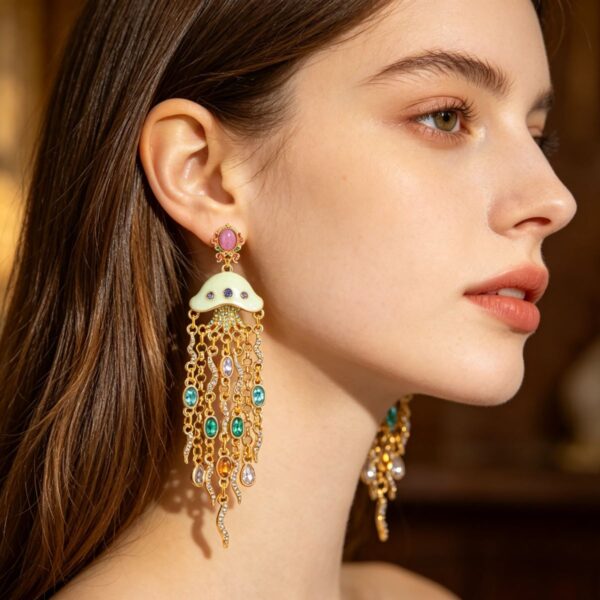 The Ocean Glow: Palace Enamel Jellyfish Gem Tassel Earrings