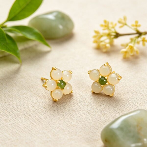 Peach Blossom Fortune: Natural Hetian Jade Stud Earrings