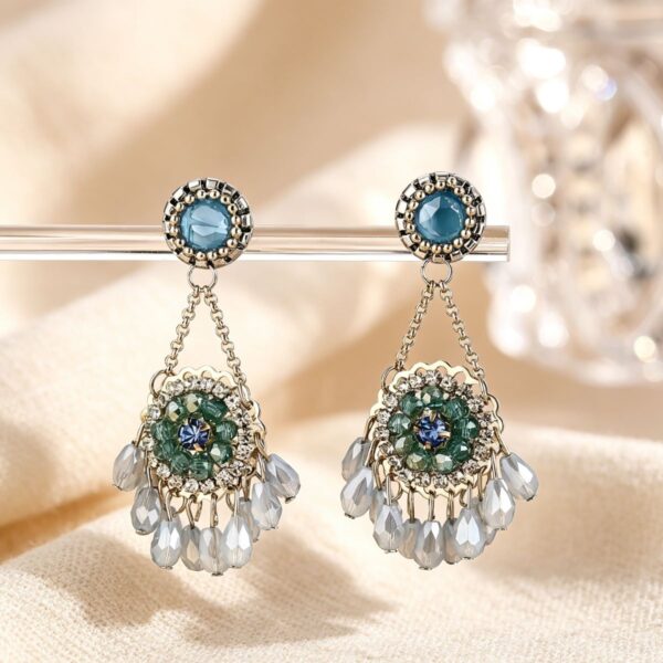 Bohemian Oriental Fan Crystal Tassel Dangle Earrings