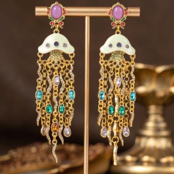 The Ocean Glow: Palace Enamel Jellyfish Gem Tassel Earrings