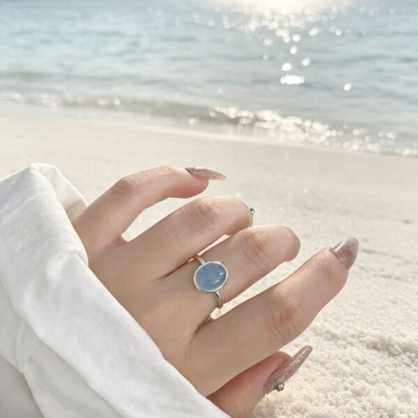 The Calm Tide: Natural Aquamarine S925 Sterling Silver Adjustable Ring