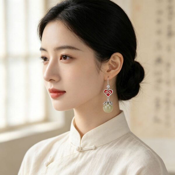 The Serenity Bloom: Auspicious Cloud Hetian Jade Drop Earrings S925 Sterling Silver
