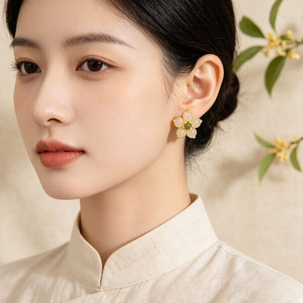 Peach Blossom Fortune: Natural Hetian Jade Stud Earrings